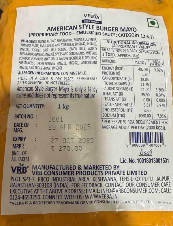 Veeba American style burger mayo 1 kg